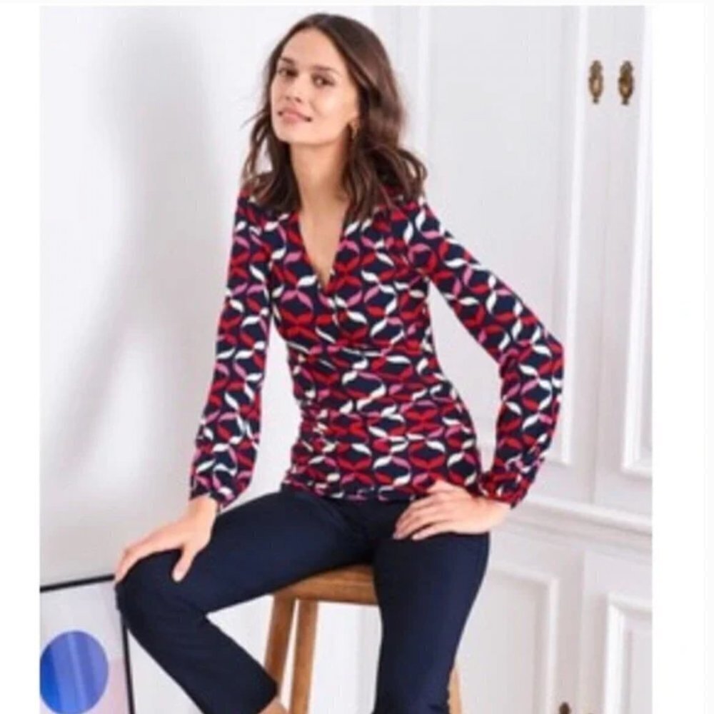 Boden Elodie Wrap Top Navy With Ribbons Pattern Size 2 NWT